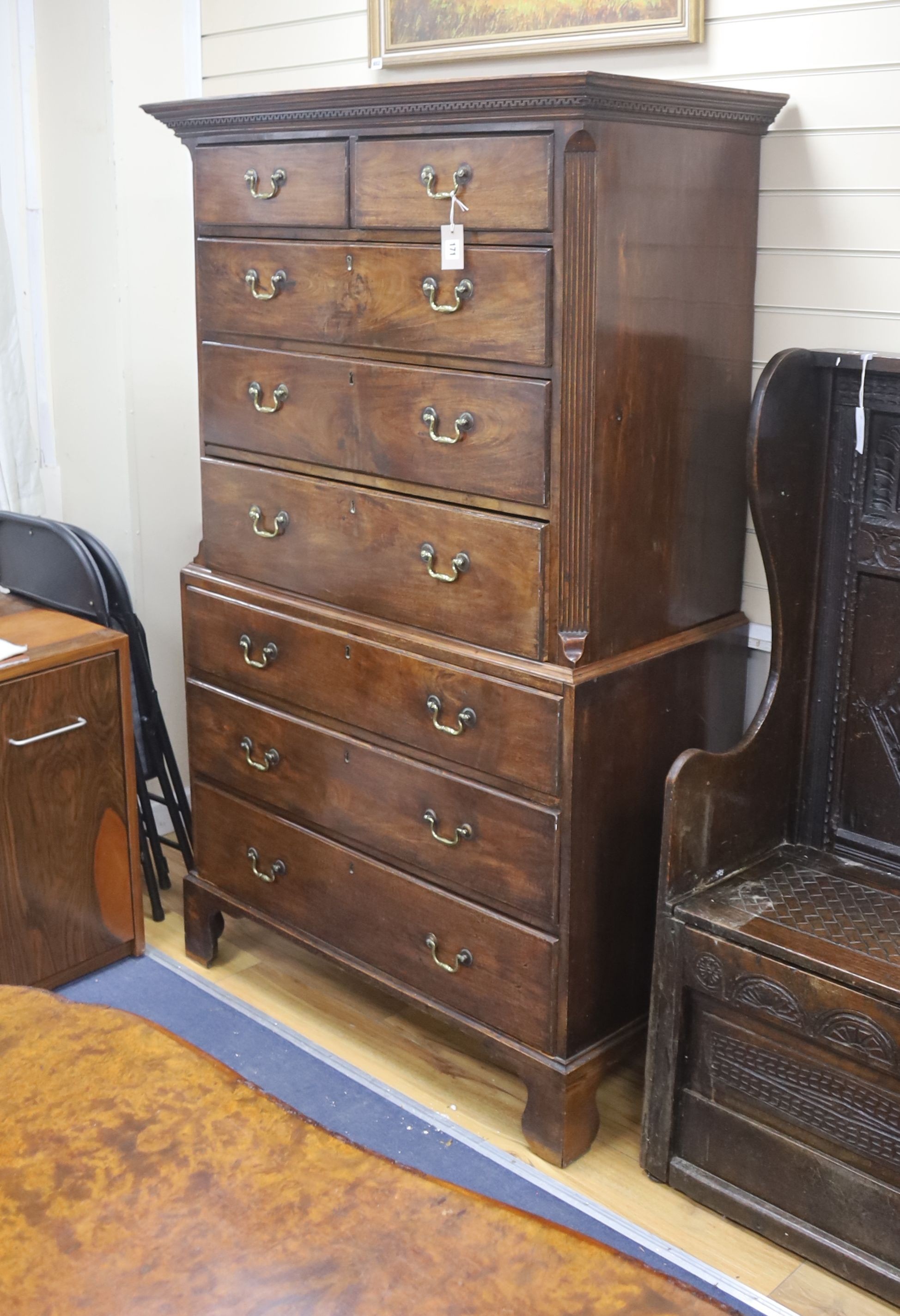 A George III mahogany chest on chest, width 106cm, depth 50cm, height 179cm